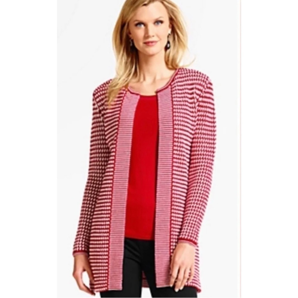 Talbots Womens Sz S Red Merino Wool Checkerboard Long Duster Cardigan Sweater